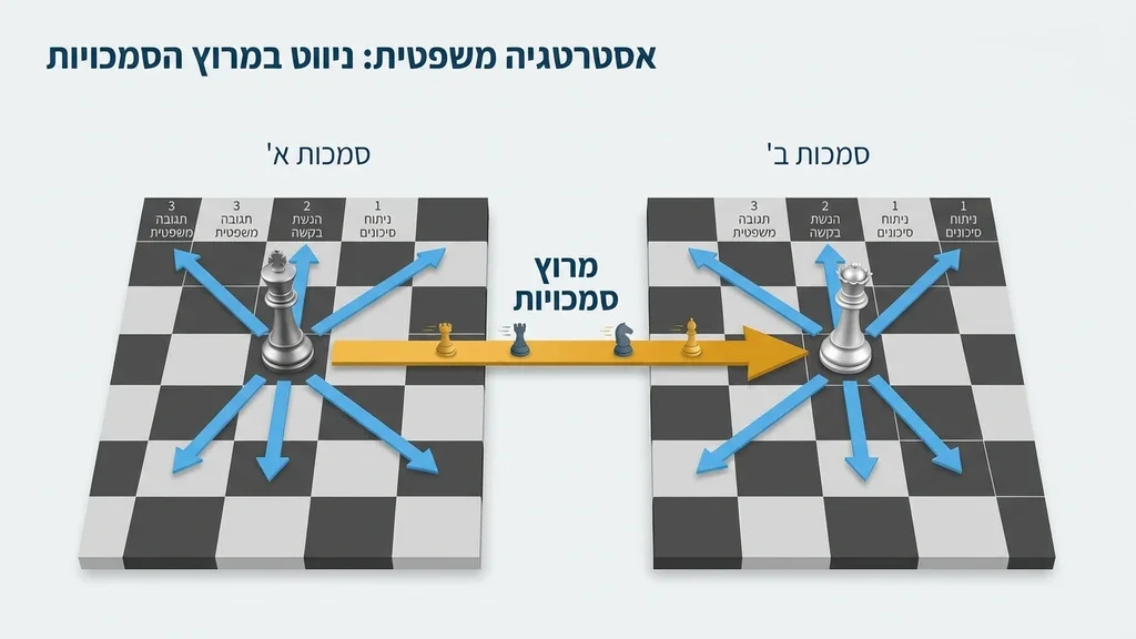 נוצר על ידי מודל בינה מלאכותית Gemini Pro כלי שחמט על לוח הממחישים תכנון אסטרטגי בהליך המשפטי