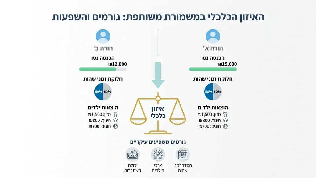 נוצר על ידי מודל בינה מלאכותית Gemini Pro מאזני צדק ולצידם מטבעות או מחשבון לציון החישוב הכלכלי