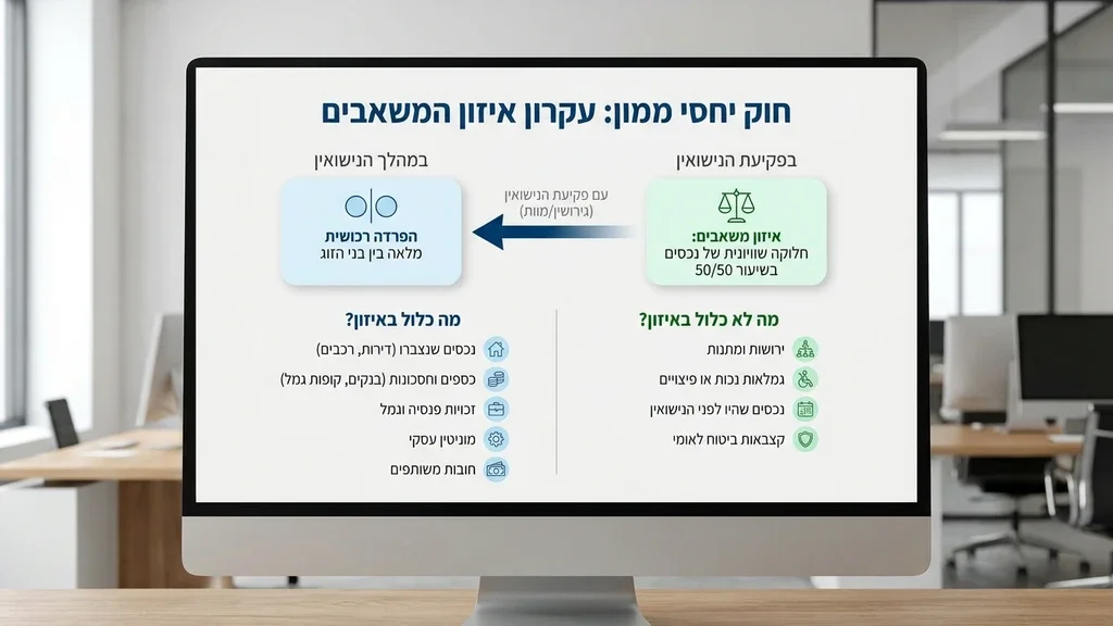 נוצר על ידי מודל בינה מלאכותית Gemini Pro מסמכים משפטיים ומשקפיים על שולחן עבודה המייצגים חלוקת רכוש
