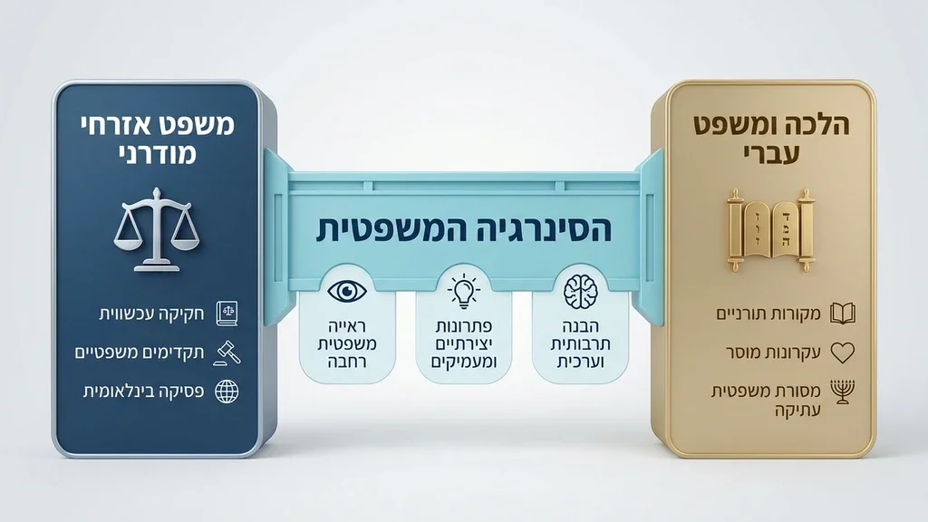 נוצר על ידי מודל בינה מלאכותית Gemini Pro ספרי חוק ומשפט אזרחי מונחים לצד ספרי הלכה וגמרא
